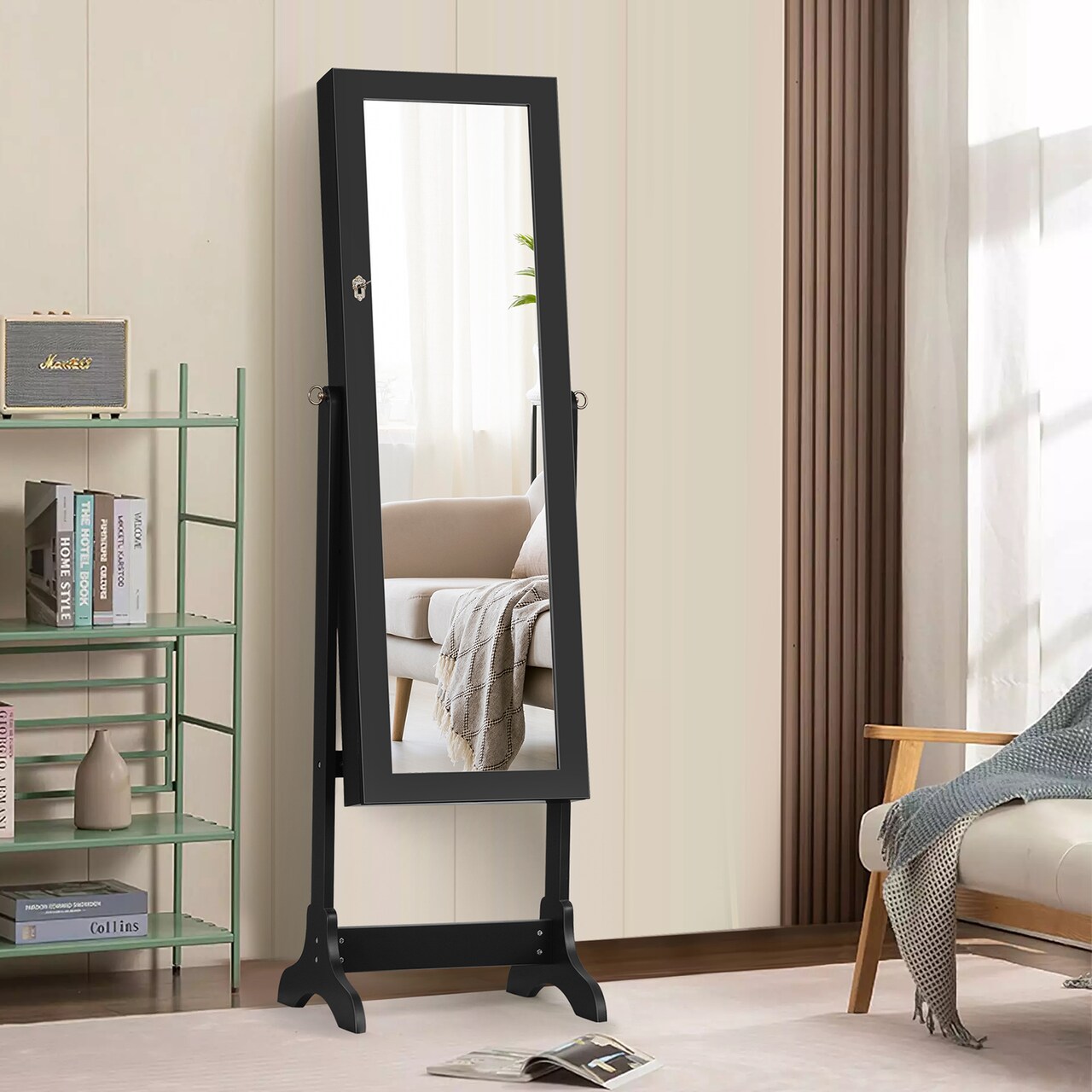 Full Length Mirror Jewelry Cabinet Armoire with Lock and Storage Space
